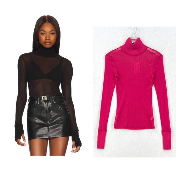 ENZA COSTA Mesh Cuffed Turtleneck Top Womens Small Pink Layering Minimal NEW